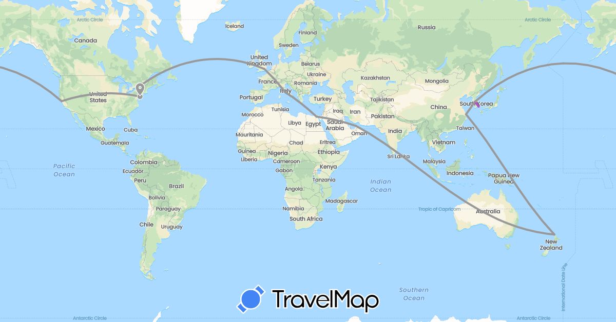 TravelMap itinerary: driving, plane, train in United Arab Emirates, Canada, China, Egypt, United Kingdom, Italy, South Korea, New Zealand, United States (Africa, Asia, Europe, North America, Oceania)